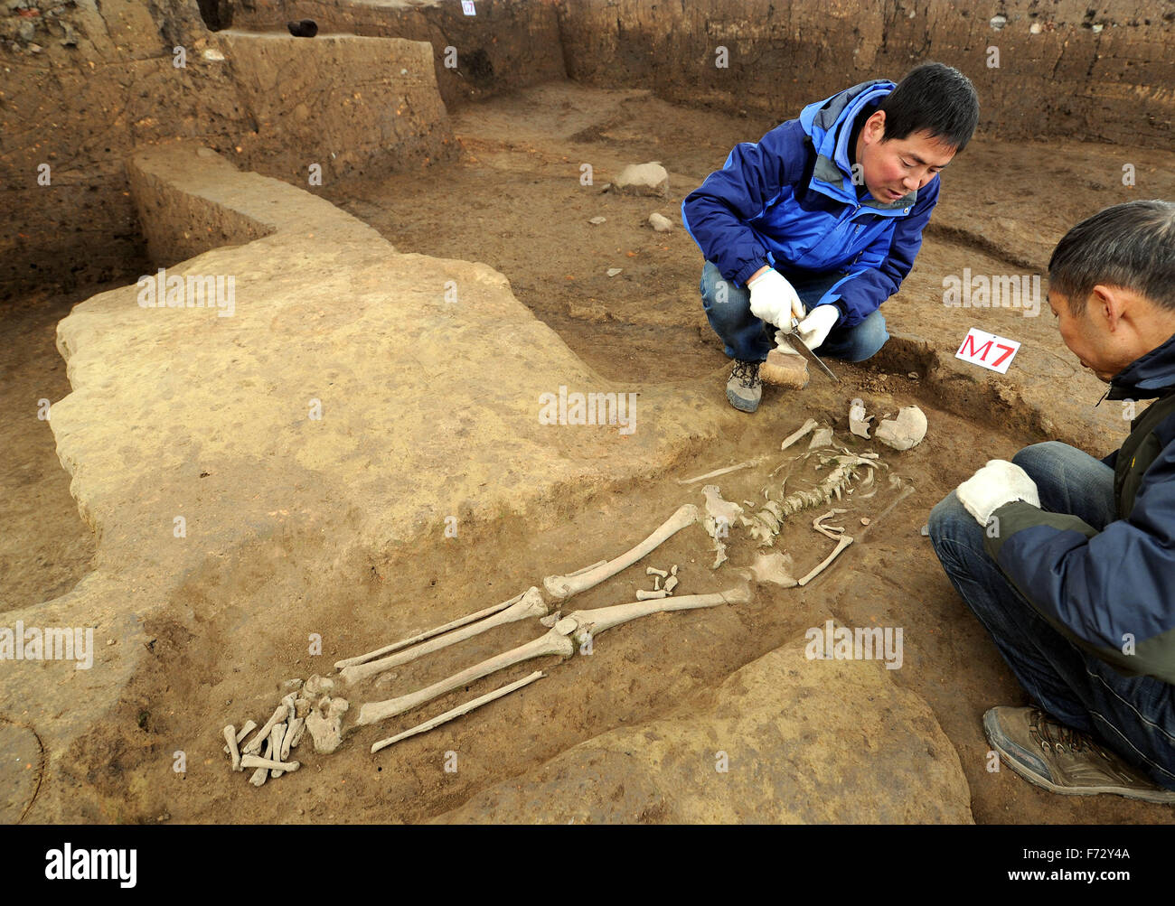 (151124) -- XI'AN, 24 novembre 2015 (Xinhua) -- les archéologues travaillent au site de fouilles de l'époque néolithique au site des ruines du temple de Longgang paleoanthropological site dans la ville de Hanzhong, Chine du nord, dans la province de Shaanxi, du 24 novembre 2015. Les archéologues de l'Institut de paléontologie des vertébrés et de paléoanthropologie de l'Académie chinoise des sciences et l'Institut archéologique de Shaanxi ont trouvé des traces d'activités humaines remontant à plus d'un million d'années au Temple de Longgang ruines. La découverte prouve que le No.91 Haping Vallée est aussi une des origines de la civilisation chinoise ancienne. L Banque D'Images