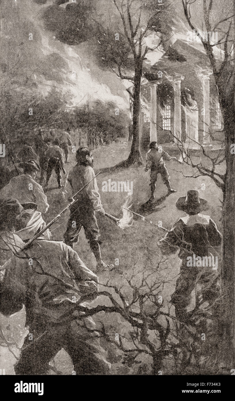 L'incendie de Jamestown, la colonie de Virginie, l'Amérique, au cours de la rébellion de Bacon, une rébellion armée en 1676 par des colons de Virginie dirigée par Nathaniel Bacon contre la primauté du gouverneur William Berkeley. Banque D'Images