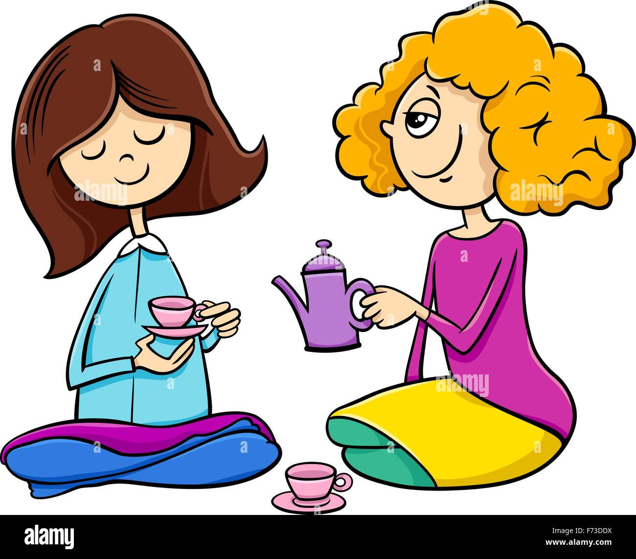 Cartoon Illustration de deux jolies filles avec de petites tasses de thé maison de jeu Illustration de Vecteur