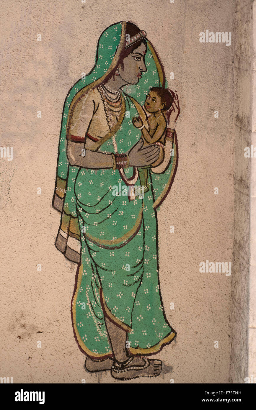 Peinture murale mère et enfant, Inde, Asie Banque D'Images