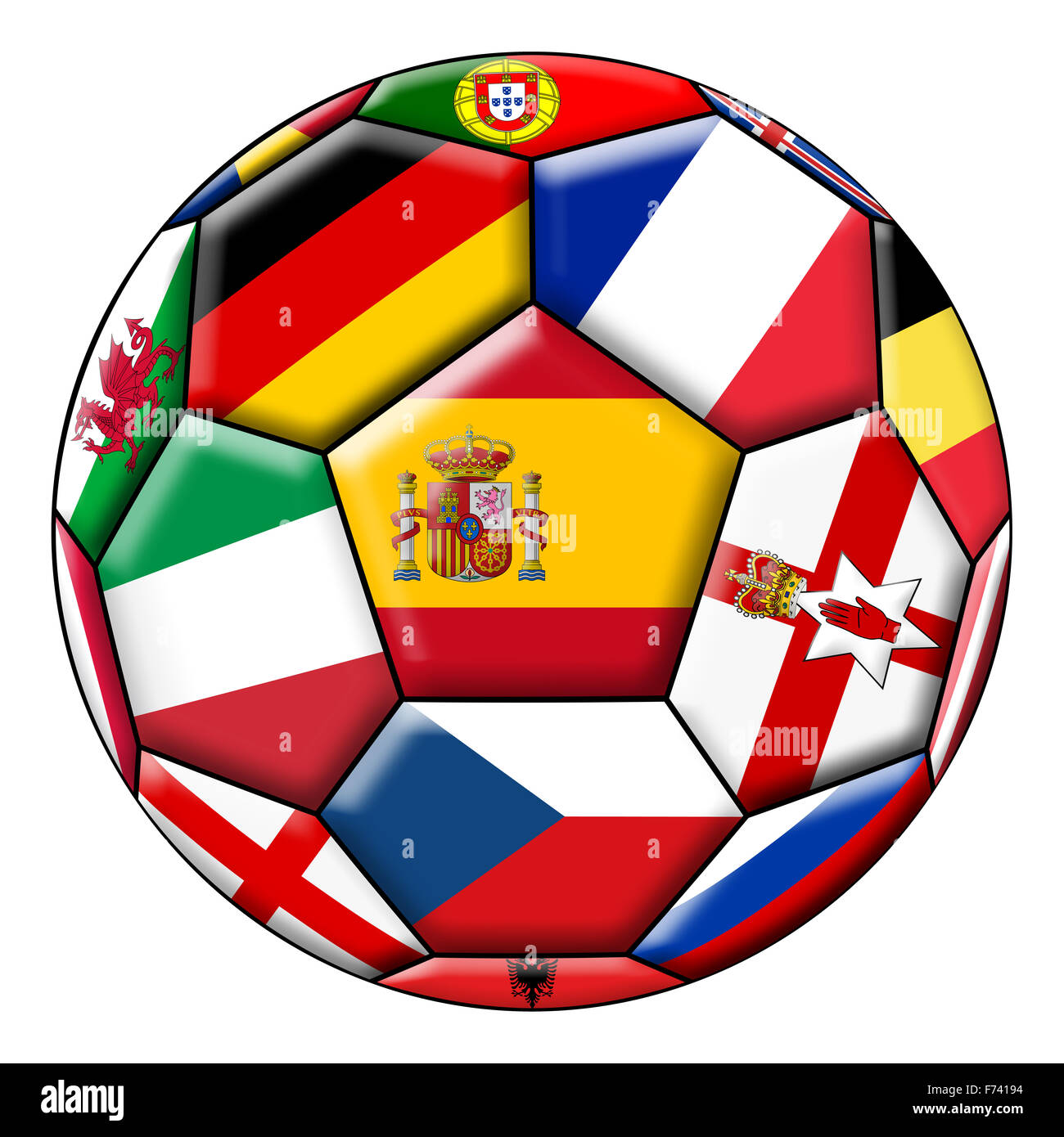 Ballon de soccer sur un fond blanc avec le drapeau de l'Espagne dans le centre Banque D'Images