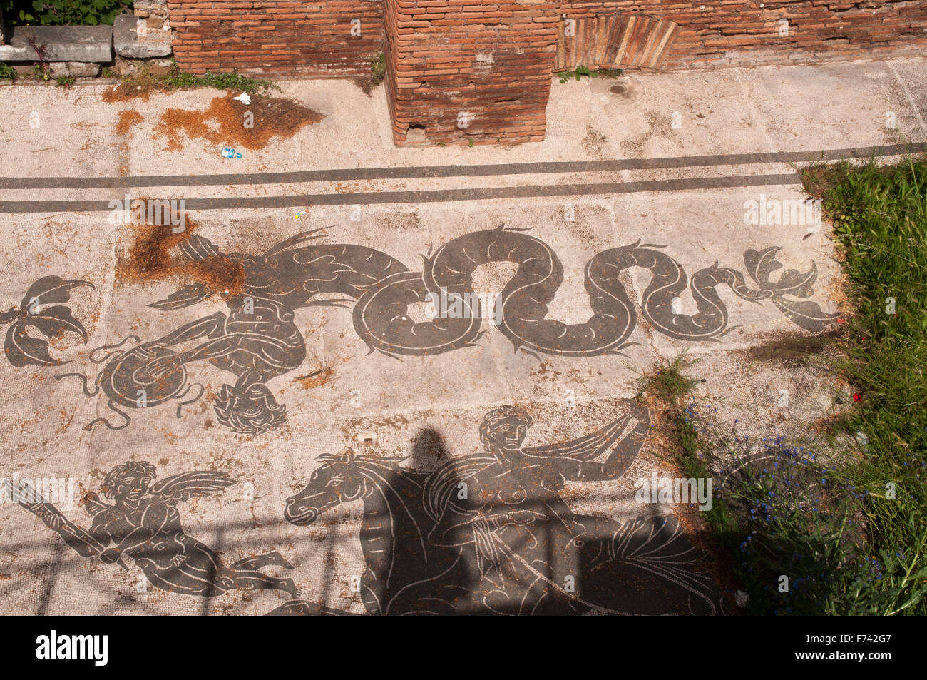 Magnifiques mosaïques sont conservés dans les fouilles d'Ostia Antica, la cité portuaire de la Rome antique. Banque D'Images