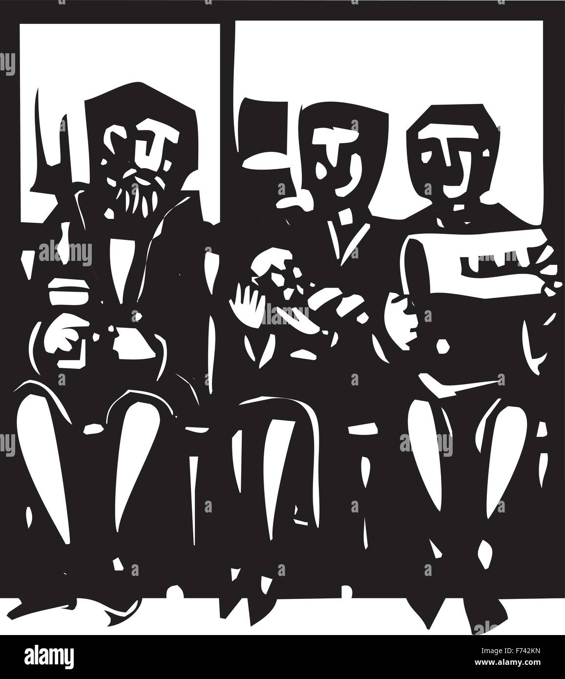 Gravure sur bois expressionniste style image de personnes en attente dans une salle d'attente du médecin Illustration de Vecteur