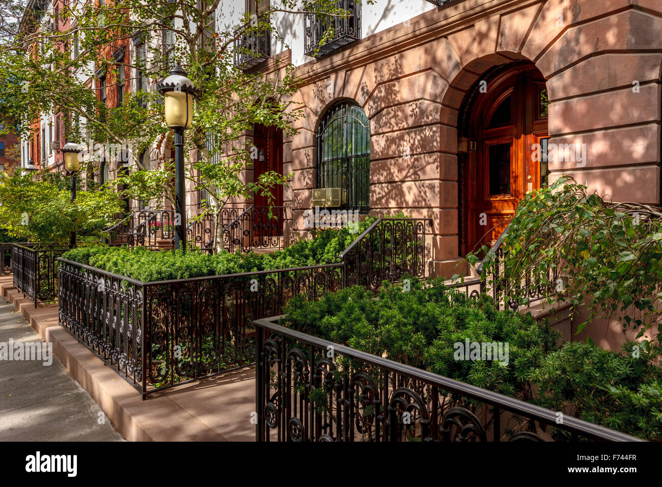 Rangée de maisons de ville et leurs belles cours avant et de lampadaires. La lumière de l'après-midi à Chelsea, Manhattan, New York. Banque D'Images