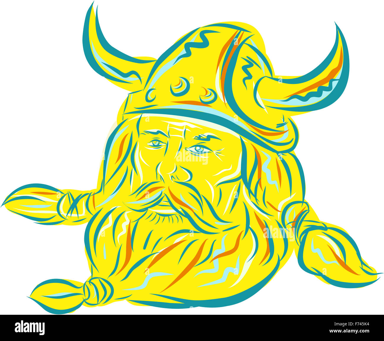 Gravure Gravure illustration style artisanal d'un norseman guerrier viking raider chef barbare barbe avec vue de l'avant ensemble isolées sur fond blanc. Banque D'Images