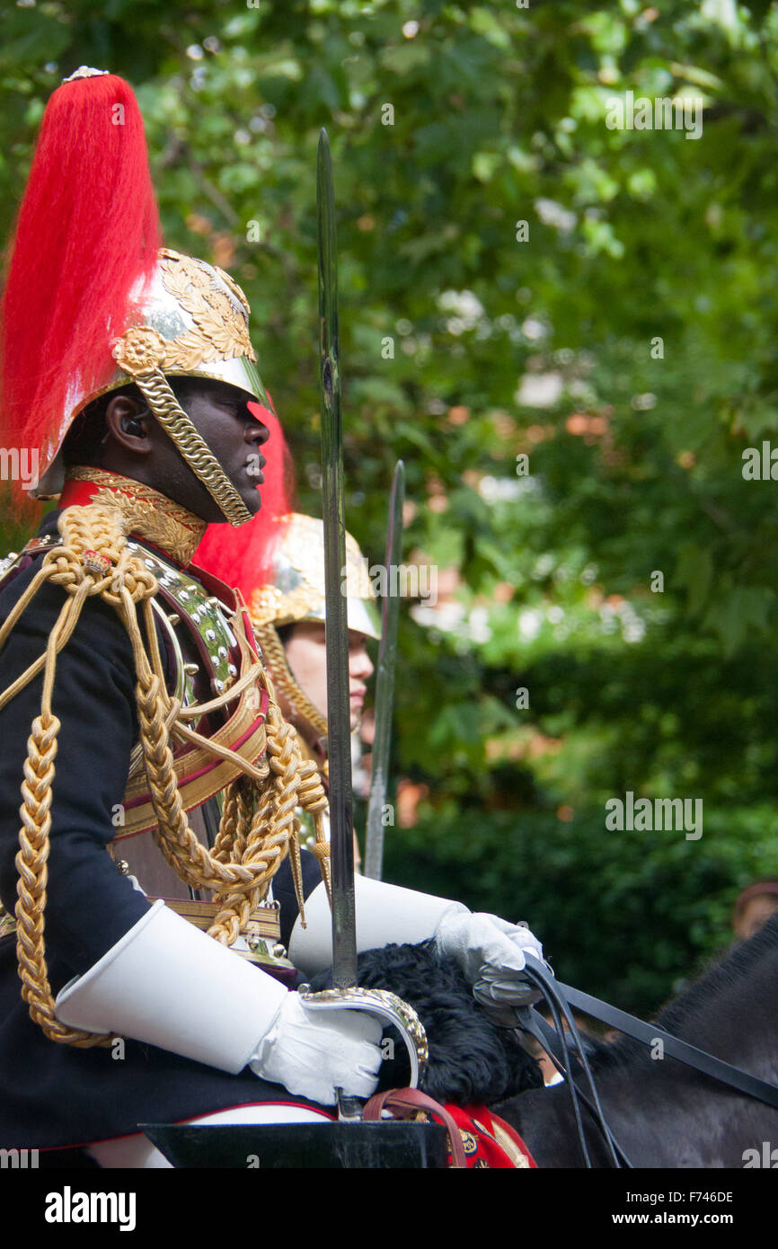Garde noir riding horse Household Cavalry régiment monté Parade la couleur London England UK Banque D'Images