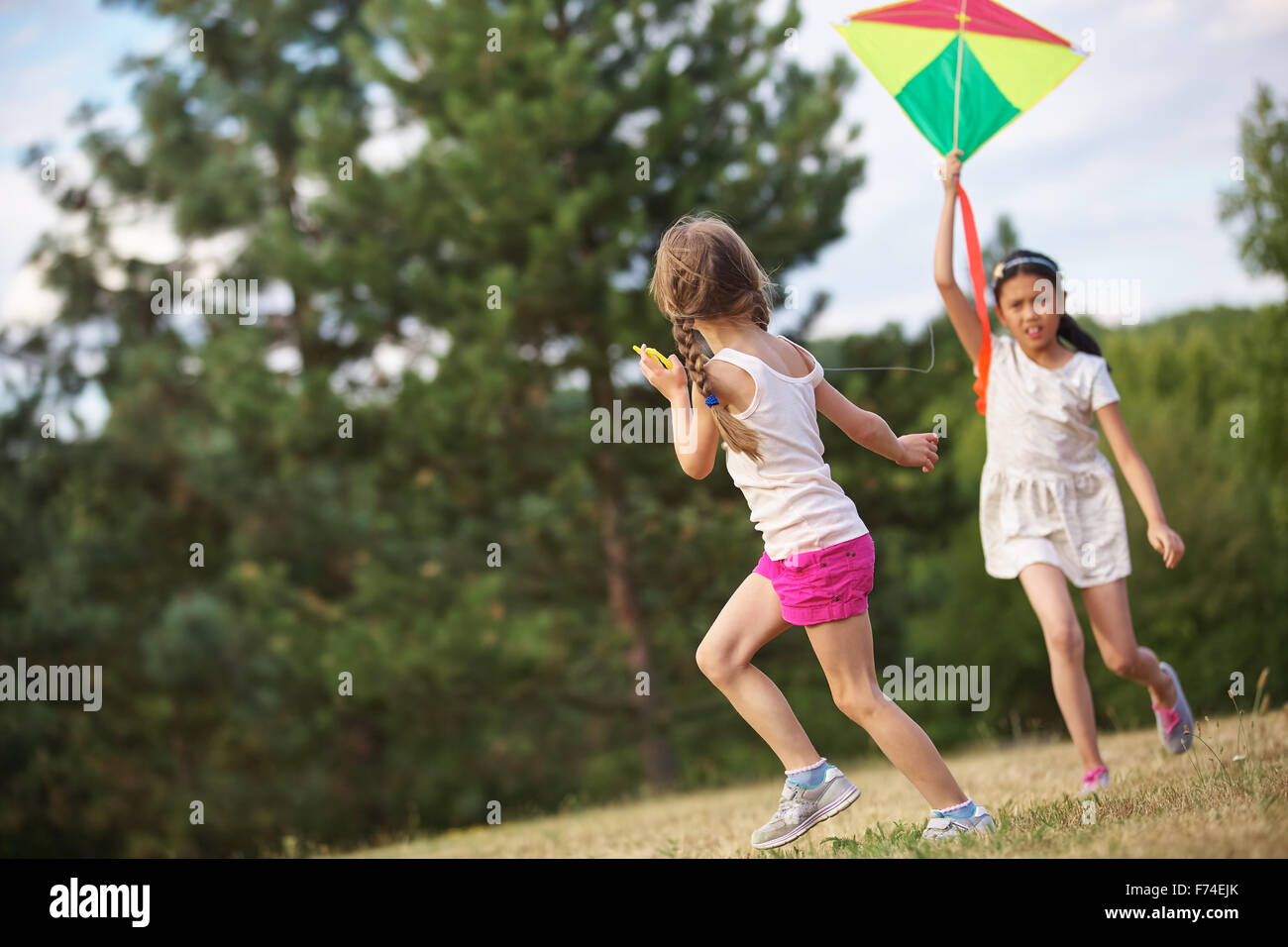 Deux filles flying a kite ensemble dans la nature Banque D'Images