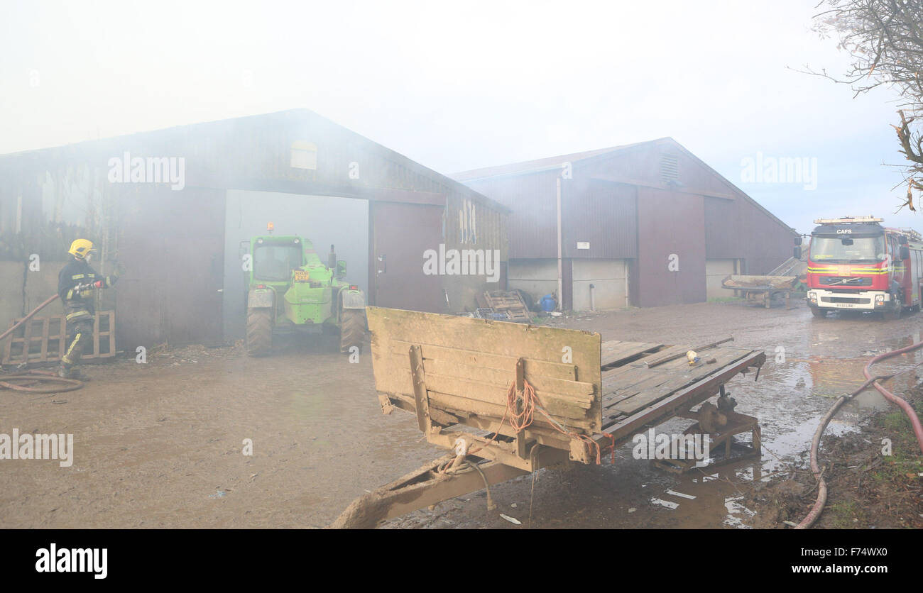 Fareham, Hampshire, Royaume-Uni. 25 novembre, 2015. Les équipes de pompiers de Fareham, Gosport et Hightown ont été appelés à un barn farm dans Brownwich Titchfield Lane en cet après-midi. Hampshire Fire and Rescue Service Watch Manager Ian Cambridge de Fareham dit 'Quand le premier équipage est allé(e) à la grange était bien allumée.' puis il a poursuivi en saluant les efforts de l'équipage et le dur travail qu'ils ont mis en pour arrêter l'incendie de se propager à d'autres deux granges attenantes. Un porteur d'eau a dû être appelé en raison du peu d'approvisionnement en eau dans la région. Credit : uknip/Alamy Live News Banque D'Images