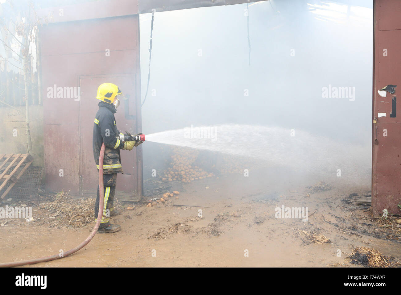 Fareham, Hampshire, Royaume-Uni. 25 novembre, 2015. Les équipes de pompiers de Fareham, Gosport et Hightown ont été appelés à un barn farm dans Brownwich Titchfield Lane en cet après-midi. Hampshire Fire and Rescue Service Watch Manager Ian Cambridge de Fareham dit 'Quand le premier équipage est allé(e) à la grange était bien allumée.' puis il a poursuivi en saluant les efforts de l'équipage et le dur travail qu'ils ont mis en pour arrêter l'incendie de se propager à d'autres deux granges attenantes. Un porteur d'eau a dû être appelé en raison du peu d'approvisionnement en eau dans la région. Credit : uknip/Alamy Live News Banque D'Images