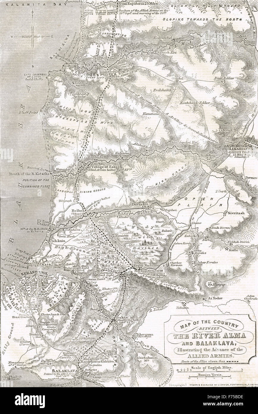 La carte de la Crimée montrant l'avance des armées alliées 1855 Banque D'Images