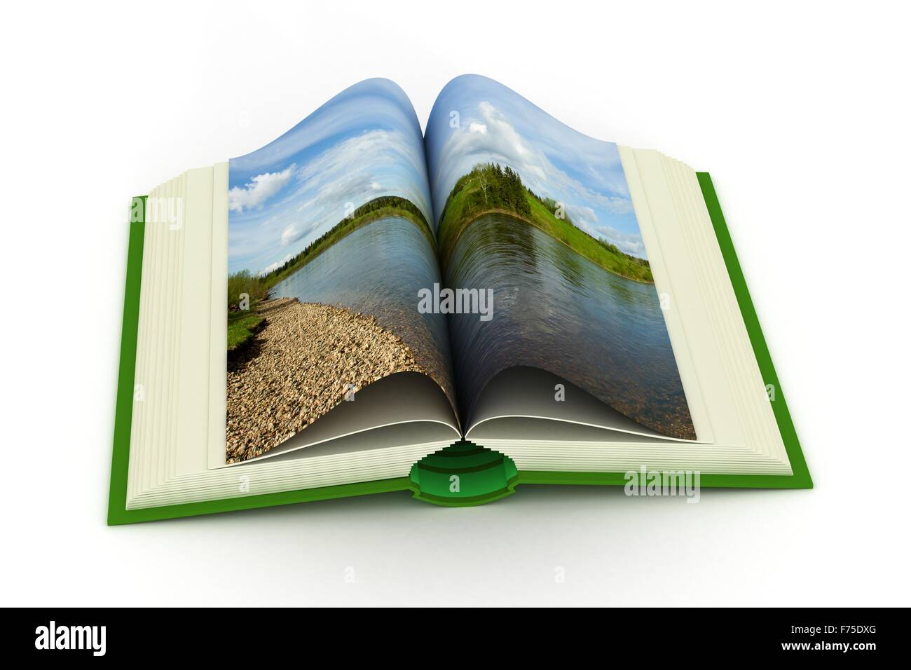 Livre ouvert avec un paysage. Image 3D. Banque D'Images