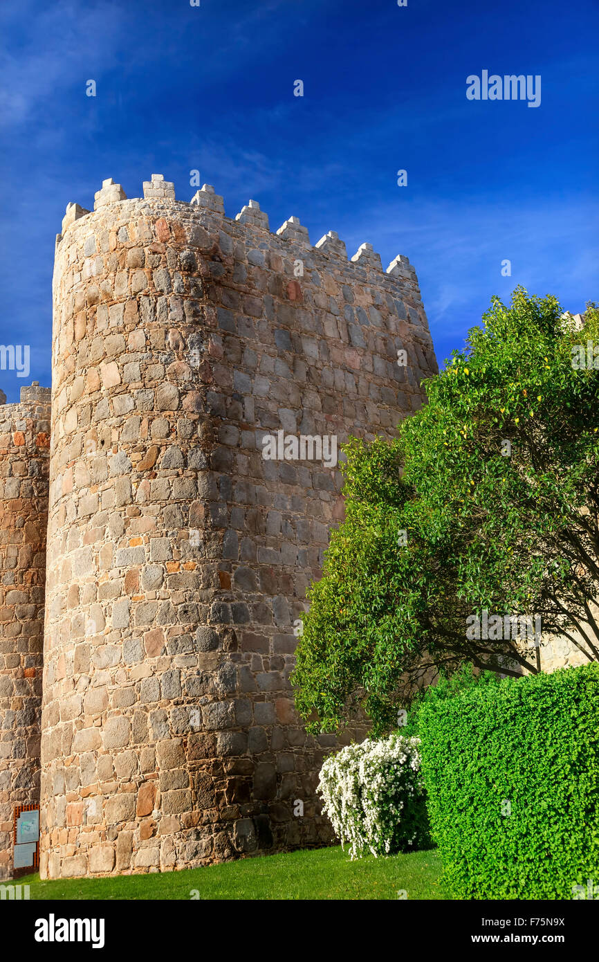 Le château de murs Avila Espagne Castille. Décrite comme la plus ville du 16ème siècle en Espagne. Créé en 1088 les murs Banque D'Images