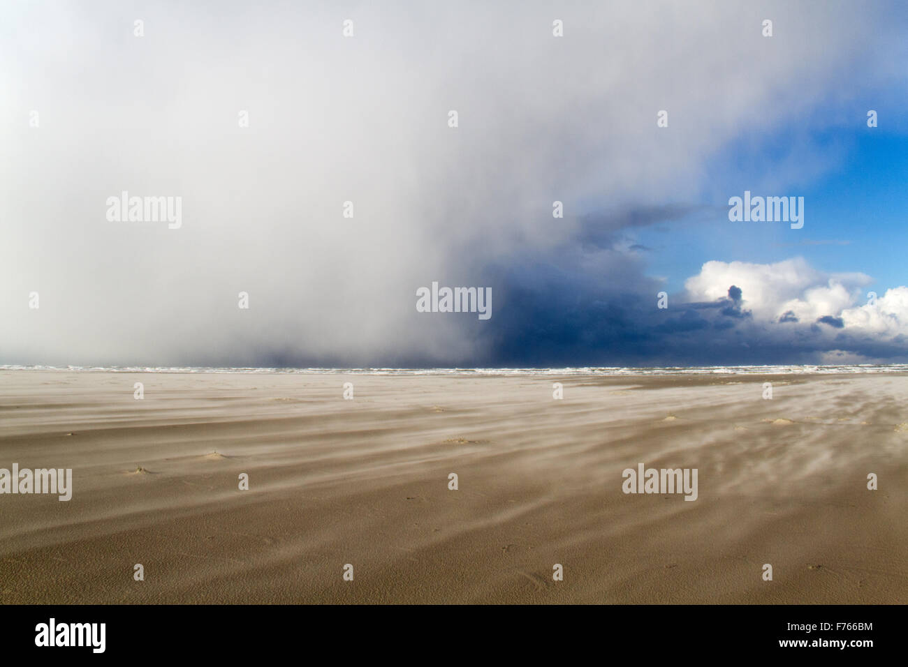 Une journée sur la plage sauvage : une tempête et des nuages bas au-dessus de la mer, apportant la neige Banque D'Images