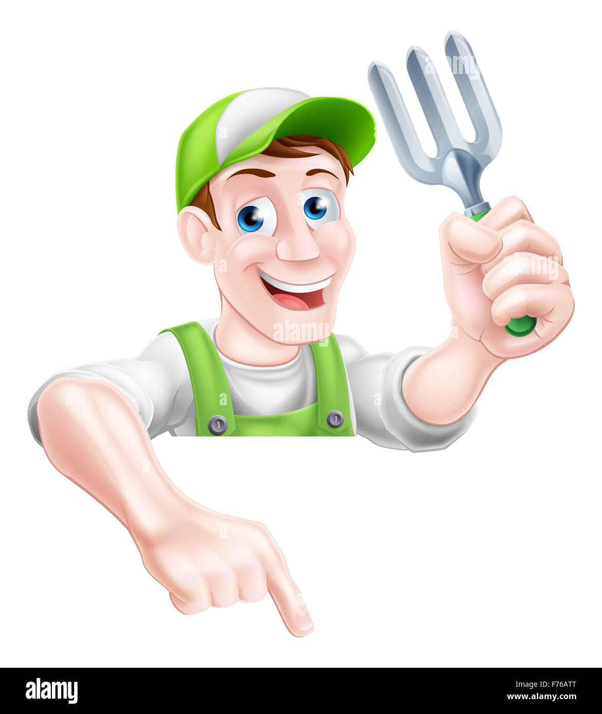 Un cartoon mascot jardinage jardinier homme tenant une truelle de jardin et pointant vers le bas Banque D'Images