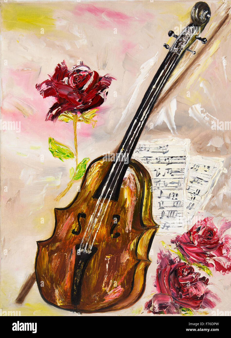 Peinture à l'huile originale montrant un violon. roses et feuilles de musique sur toile.thème musical.impressionnisme moderne, modernisme, marinis Banque D'Images