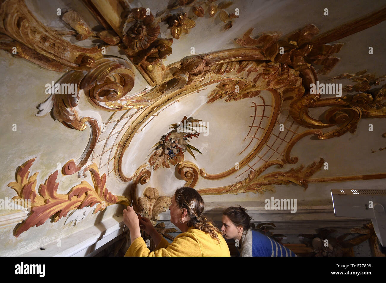 Rheinsberg, Allemagne. 10 Nov, 2015. Restaurateurs travailler sur le plafond en plaqué or dans le «uschelsaal' Hall à Rheinsberg palace à Rheinsberg, Allemagne, 10 novembre 2015. Le uschelsaal «' a été construit en 1769 pour le compte de Prince Henry de Prusse par l'architecte Carl Gotthard Langhans (1732-1808). Bernhard Lankers arbeitet am 10.11.2015 dans Photo : Bernd Settnik/dpa/Alamy Live News Banque D'Images