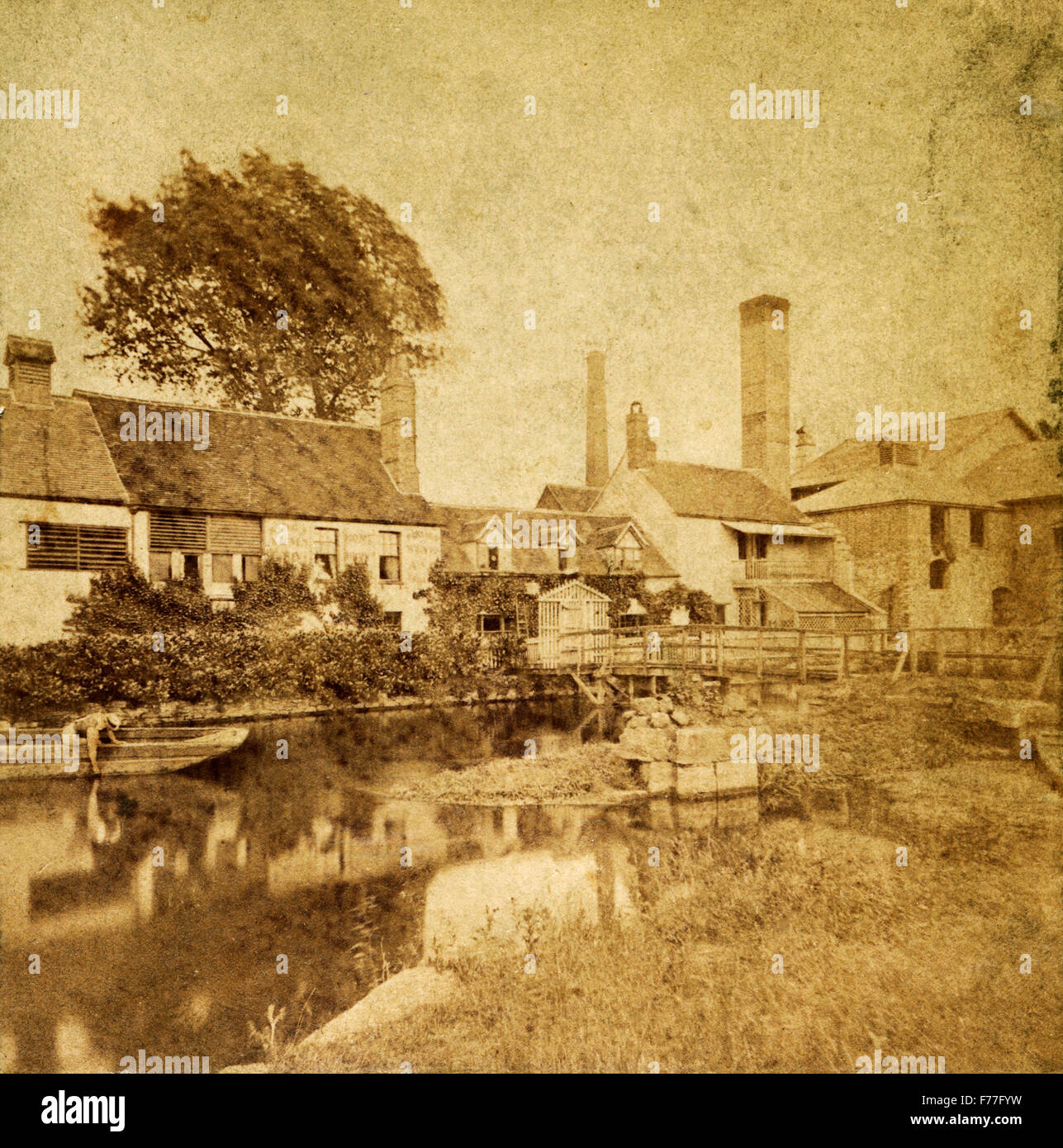 Bateau sur l'eau à Sandford Lock et mill, Tamise, Oxford, Oxfordshire, England, UK dans les années 1860 Banque D'Images