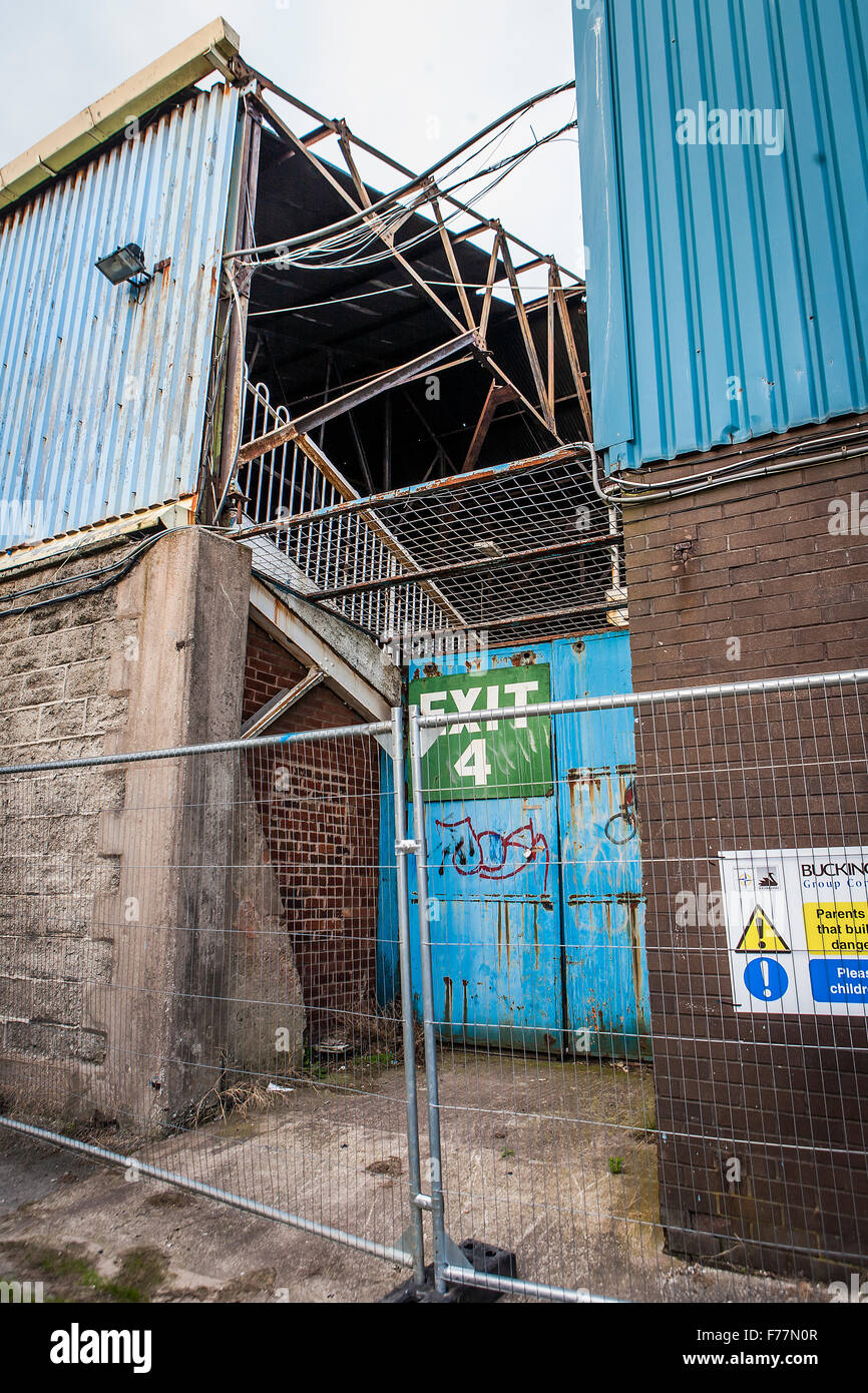 La sortie 4 à la Fletcher Fin de l'ancien stade Wilderspool de Warrington Rugby League Football Club Banque D'Images