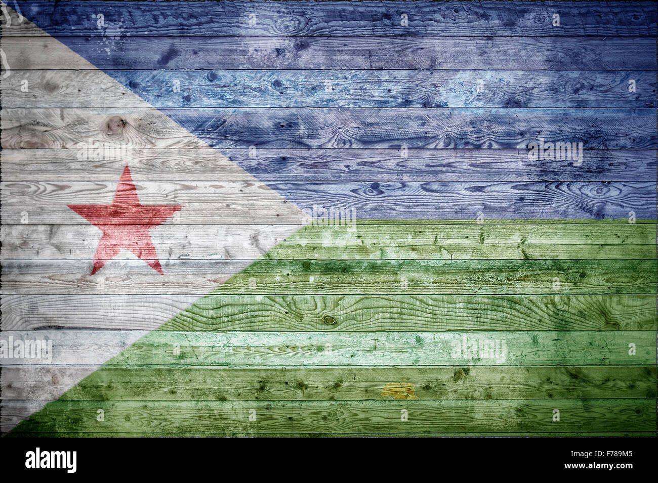 Une vignetted image de fond du drapeau de Djibouti peints sur des planches de bois d'un mur ou le plancher. Banque D'Images