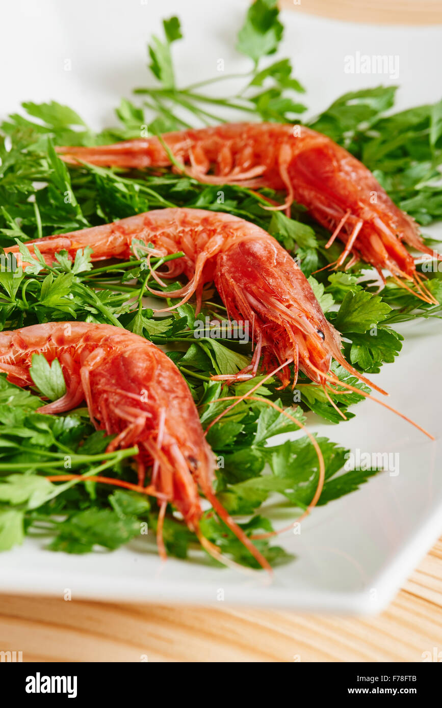 Crevettes crues et le persil on white plate Banque D'Images