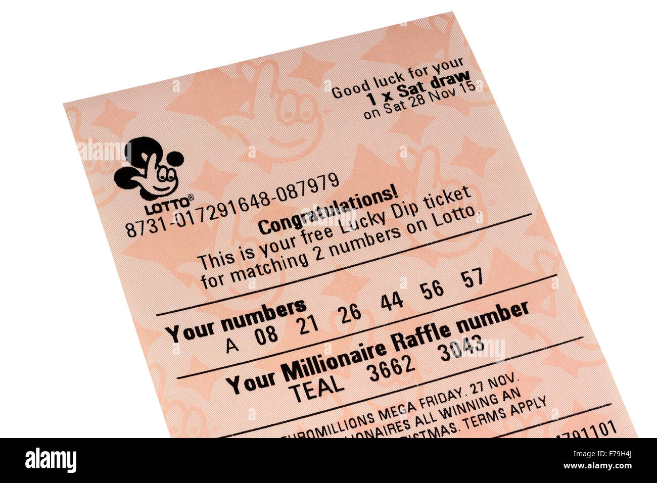 Billet de loterie Lucky Dip libre isolé sur fond blanc Banque D'Images