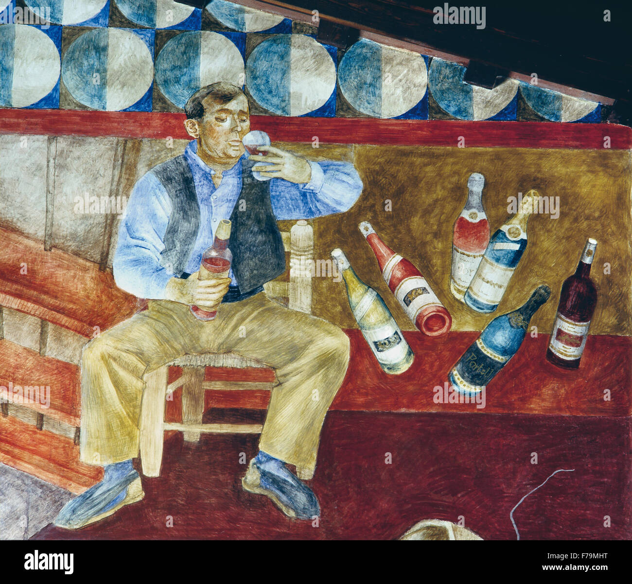 Le consommateur de vin. Détail d'une fresque par l'artiste Ismael Balanyà Moix dans la cave coopérative de Sarral, Tarragone, Catalogne. Banque D'Images