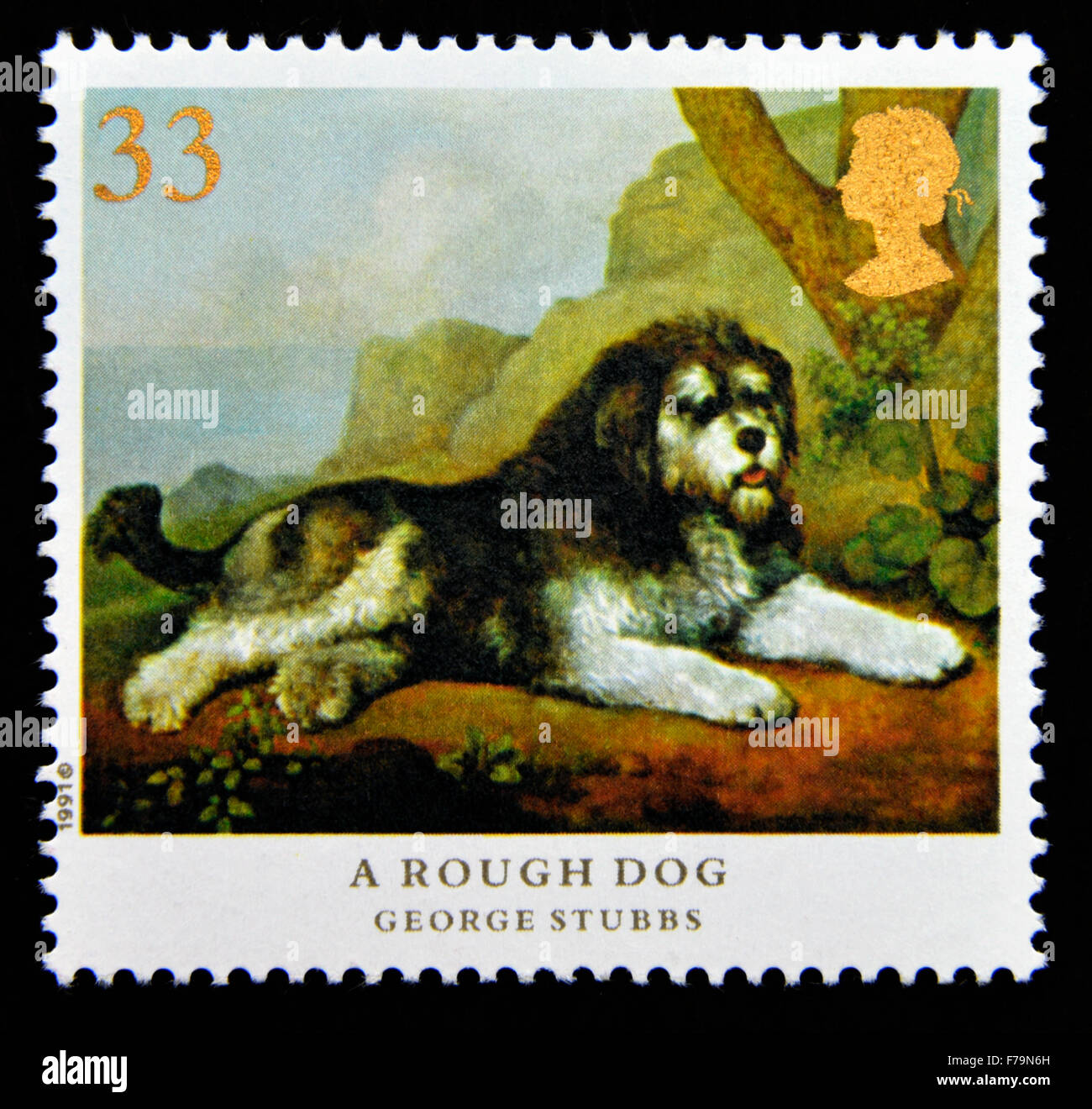 Timbre-poste. La Grande-Bretagne. La reine Elizabeth II. 1991. Les chiens. Peintures de George Stubbs. Un chien. 33p. Banque D'Images