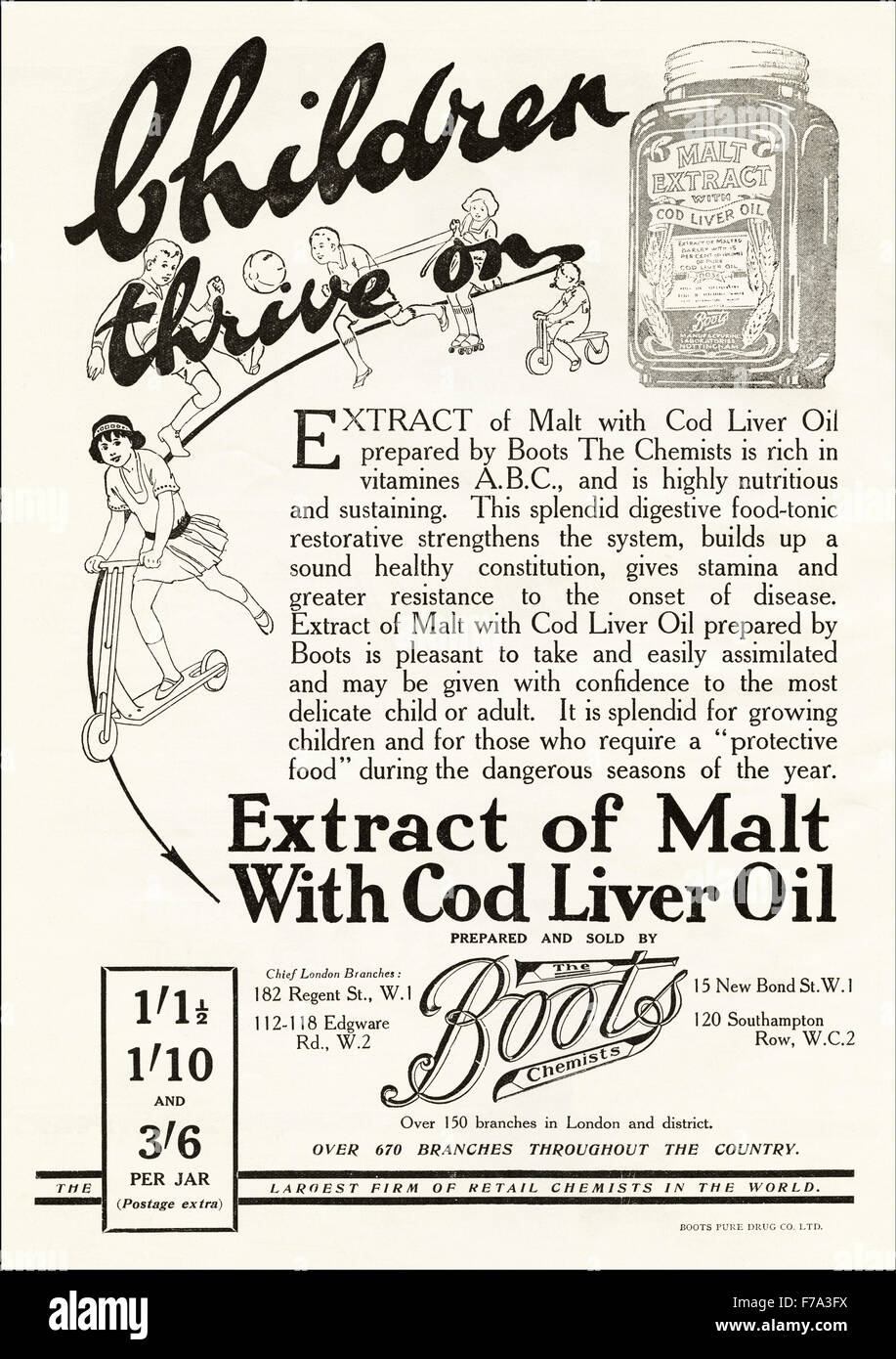 1920s'annonce. Annonce en date du 1923 Extrait de la publicité de malt avec de l'huile de foie de morue pour les enfants faits et vendus par les chimistes bottes Banque D'Images