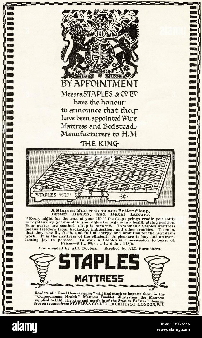 1920s'annonce. Annonce en date du 1923 agrafes publicité matelas par nomination royale Banque D'Images