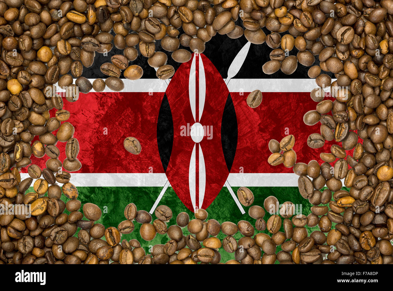 Drapeau du pays national du Kenya sous un fond de grains de café Roasted Brown Banque D'Images