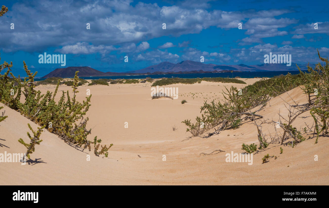 Soleil éclatant sur bancs de sable avec des montagnes en arrière-plan à Corralejo, Fuerteventura, îles Canaries, Espagne Banque D'Images