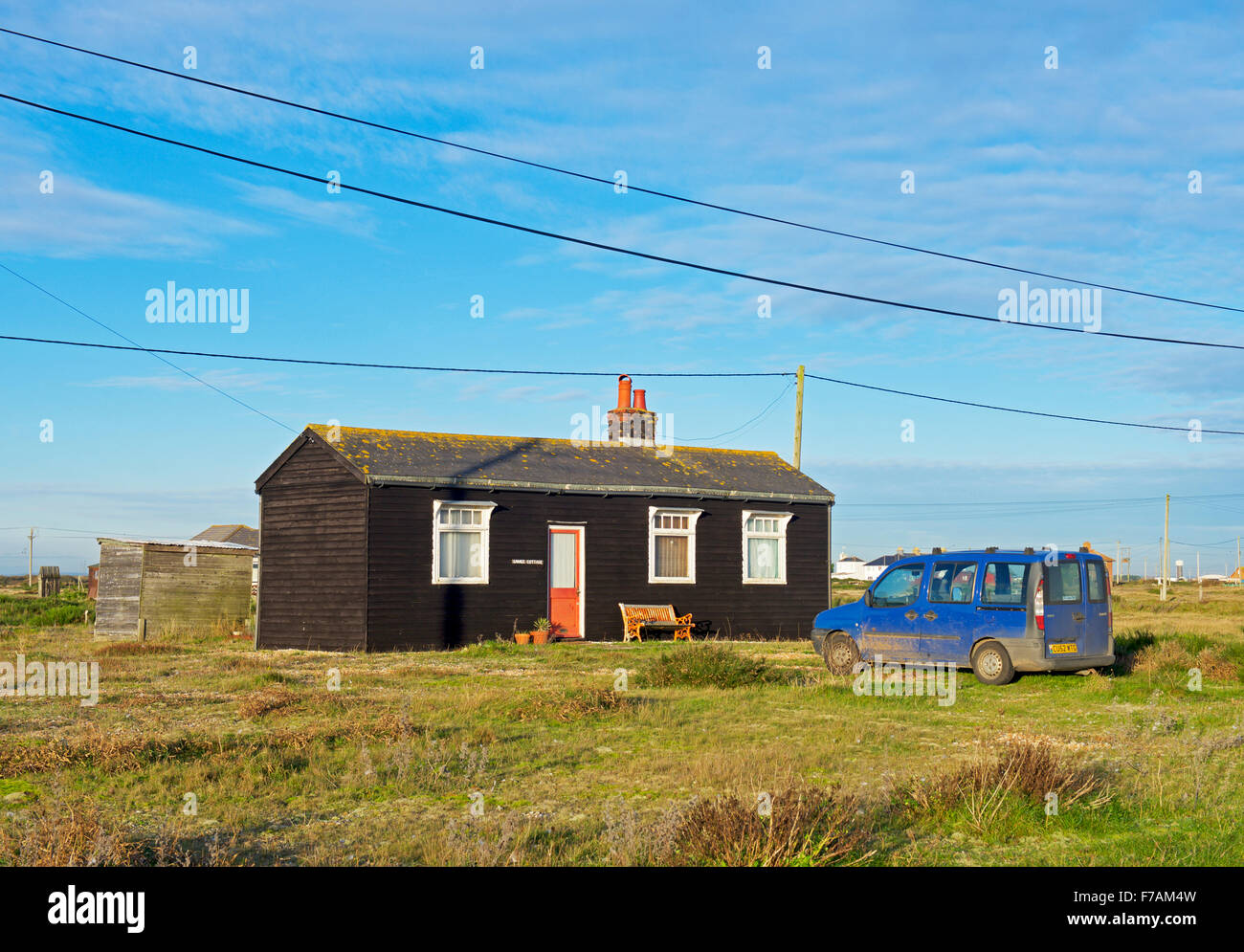 Chalet en bois, Dungeness, Kent, England UK Banque D'Images