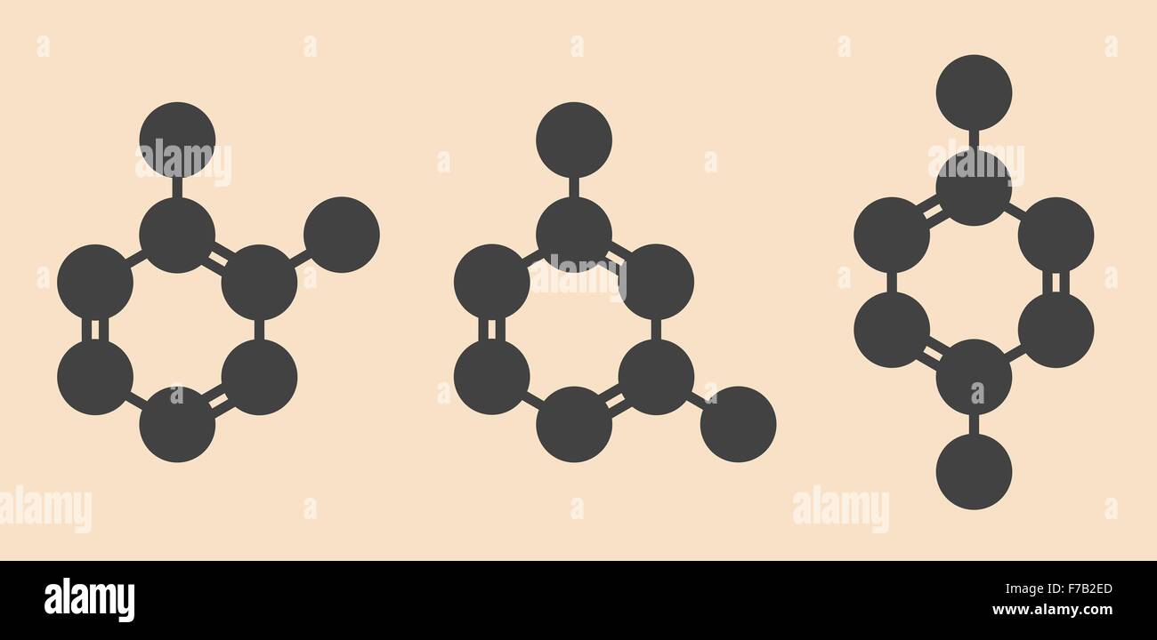 Le xylène, l'ortho-, méta- et para-isomères. Formule topologique stylisé (structure chimique). Les atomes sont représentés par des cercles de couleur : Banque D'Images