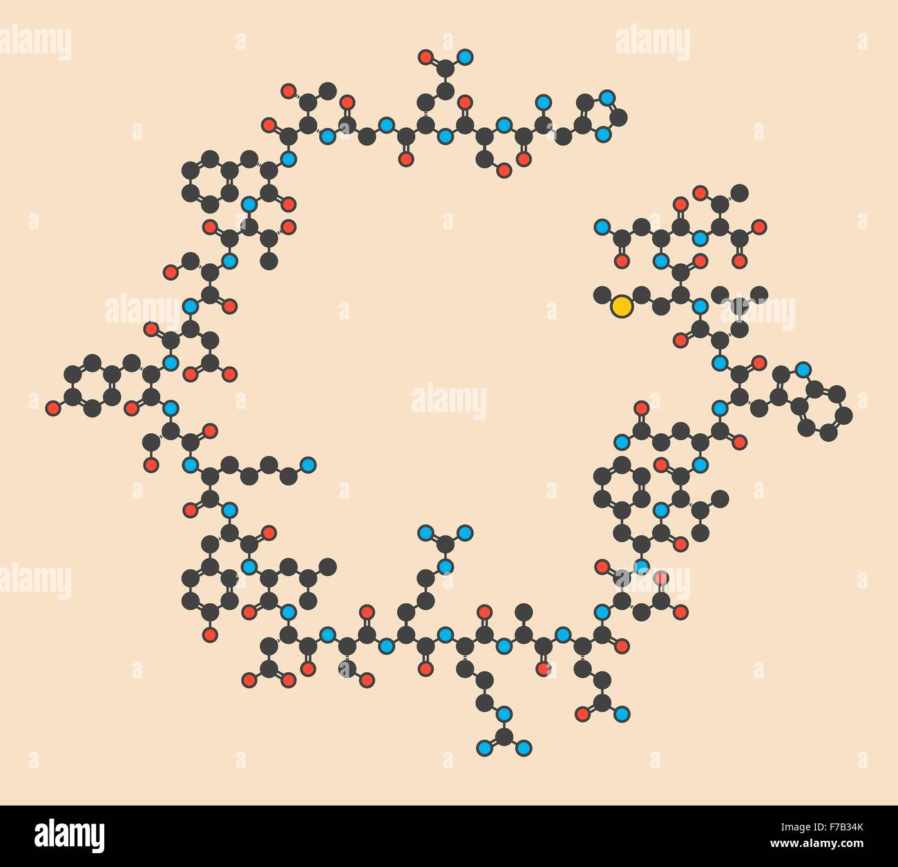 Hypoglycémie glucagon molécule pharmaceutique. Formule topologique stylisé (structure chimique). Les atomes sont représentés par des cercles de couleur : Banque D'Images