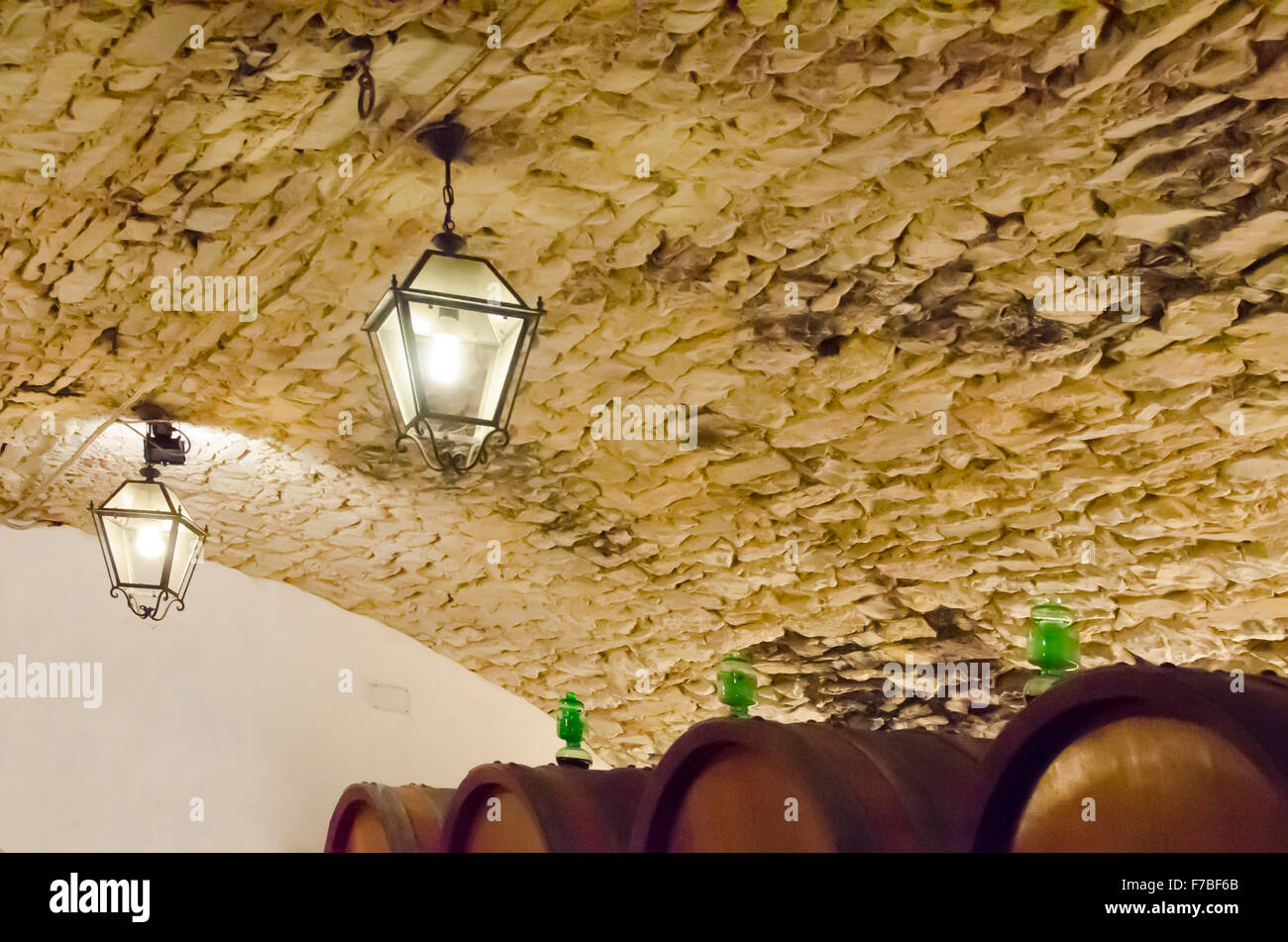 L'on voit ici est l'ancienne toiture en pierre de Castello Vicchiomaggio's Wine Cellar, où ils produisent du vin Chianti Classico. Banque D'Images