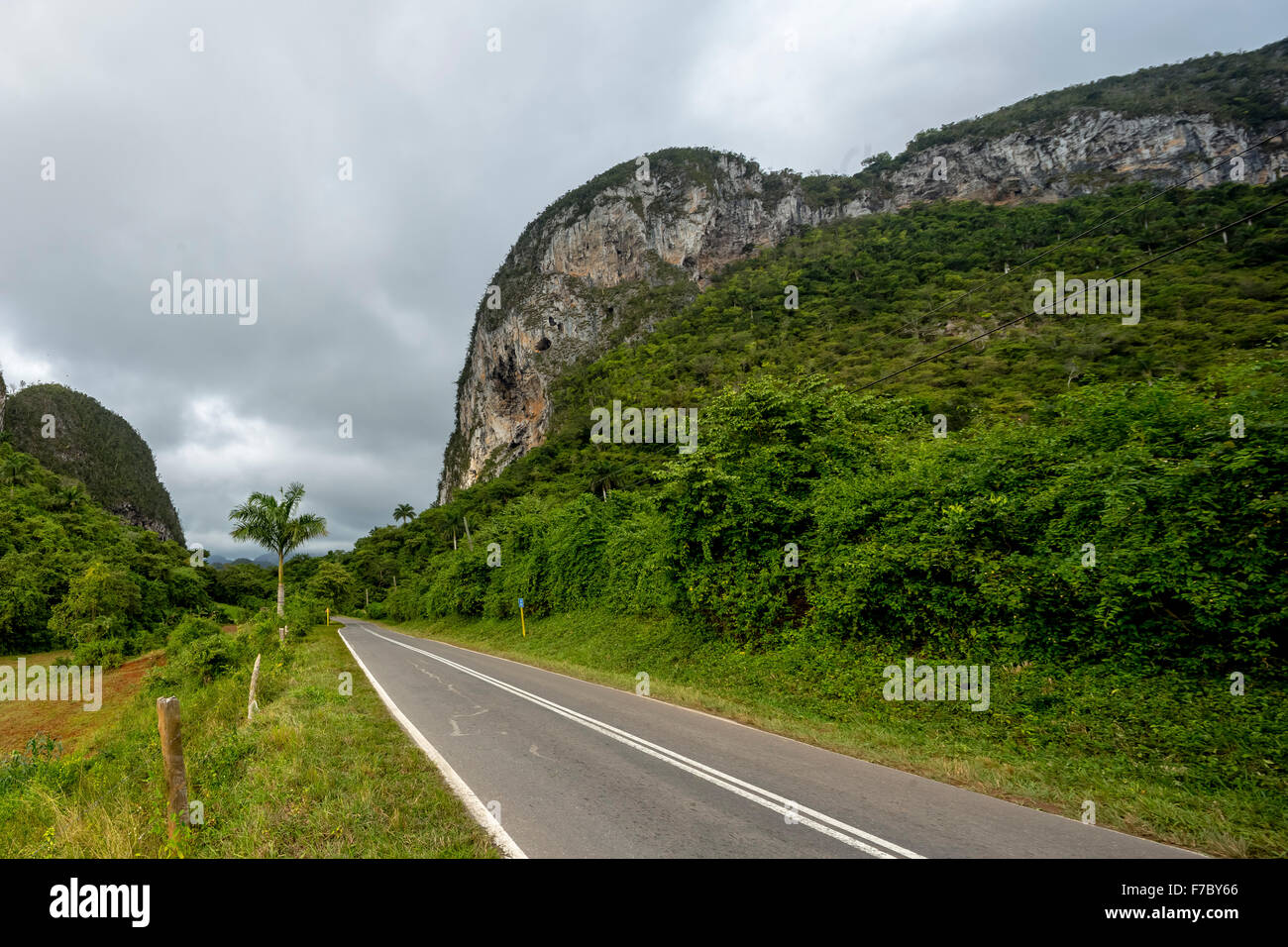 Route de campagne avec bande médiane à Vinales, montagne karstique dans la vallée de Vinales, Cuba, Vinales, Pinar del Rio, Cuba, Banque D'Images