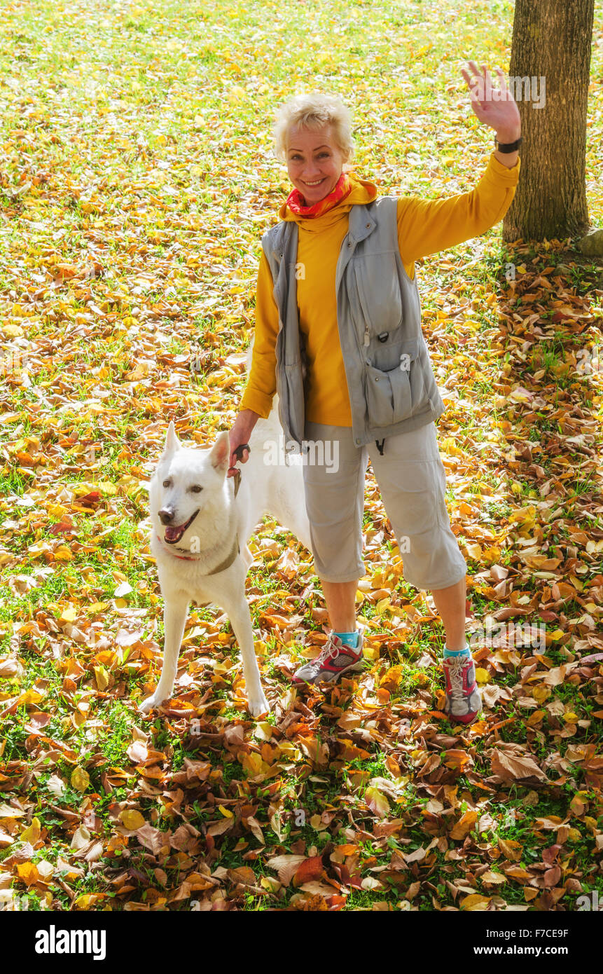 Femme avec chien marche sur une journée ensoleillée d'automne Banque D'Images