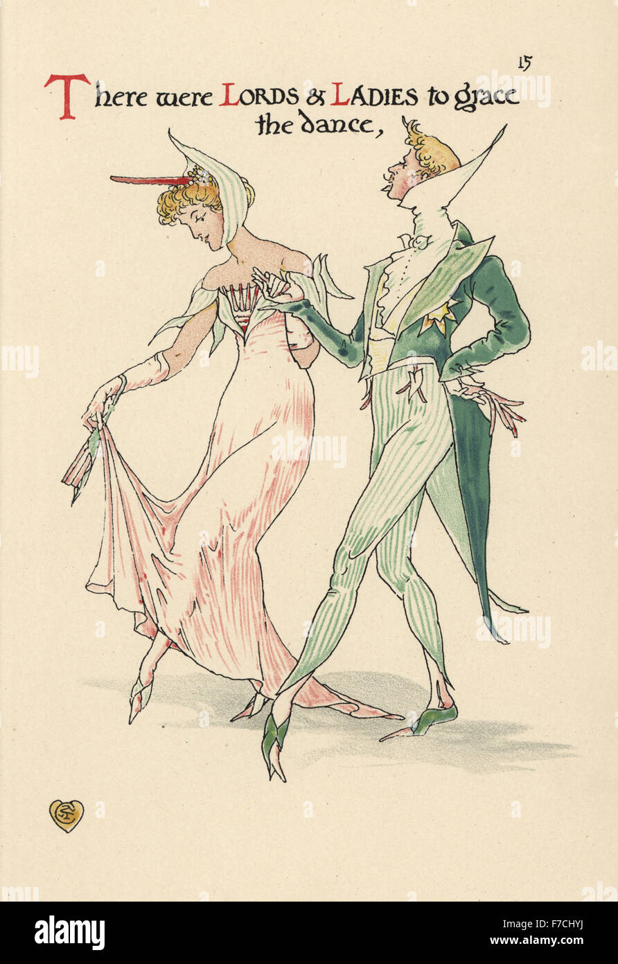 Fées fleurs des Lords et Ladies, Arum maculatum, comme un couple à la mode la danse une valse. Chromolithographie après une illustration par Walter Crane à partir d'une fleur Mariage, Cassell, Londres, 1905. Banque D'Images