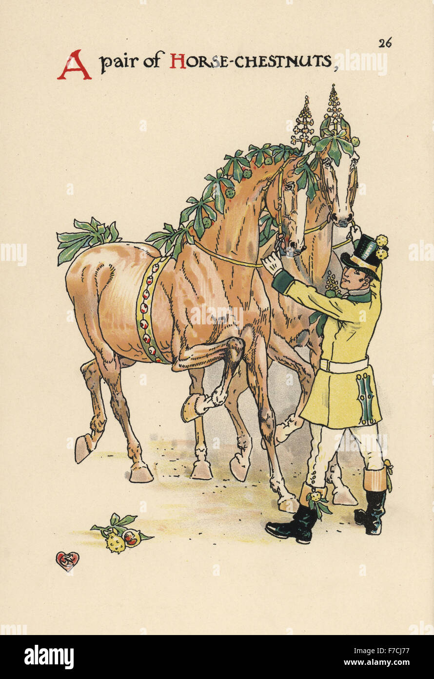 Fées Fleurs de châtaignes, l'Aesculus hippocastanum, décrits comme des chevaux avec le feuillage crinière et la queue, et groom en livrée. Chromolithographie après une illustration par Walter Crane à partir d'une fleur Mariage, Cassell, Londres, 1905. Banque D'Images
