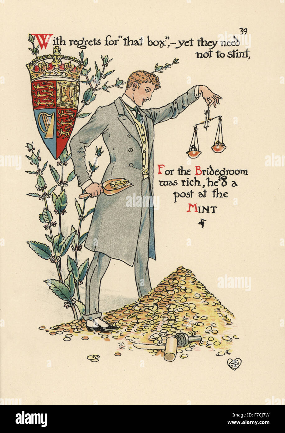 Fée fleur de menthe, Mentha spicata, avec des pièces d'or, d'échelles et d'écusson de la Monnaie royale. Chromolithographie après une illustration par Walter Crane à partir d'une fleur Mariage, Cassell, Londres, 1905. Banque D'Images