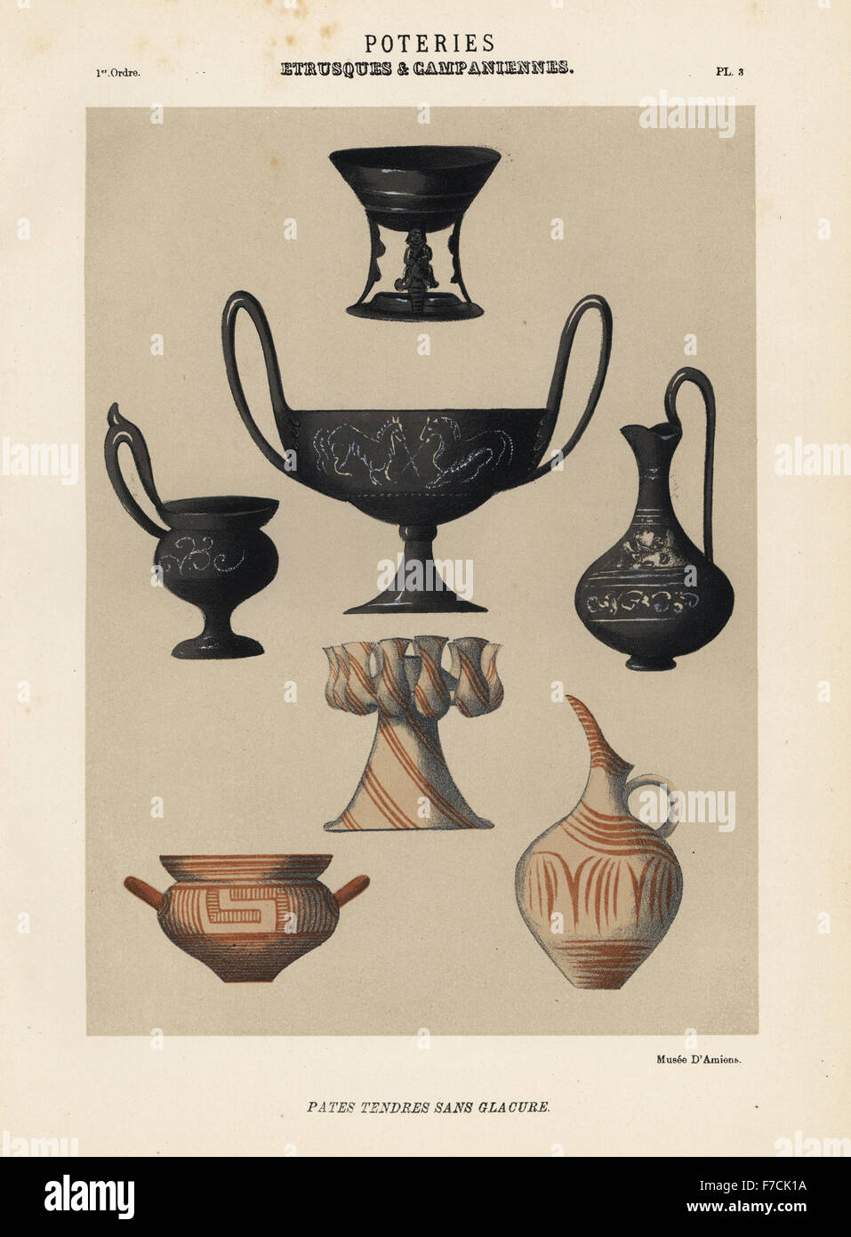 L'Étrusque et poterie campanienne à pâte tendre sans glaçure. Fini à la main chromolithographie de Ris Paquot général de l'histoire de l'ancienne poterie vernissée, français et étrangers, chez l'auteur, Paris, 1874. Banque D'Images