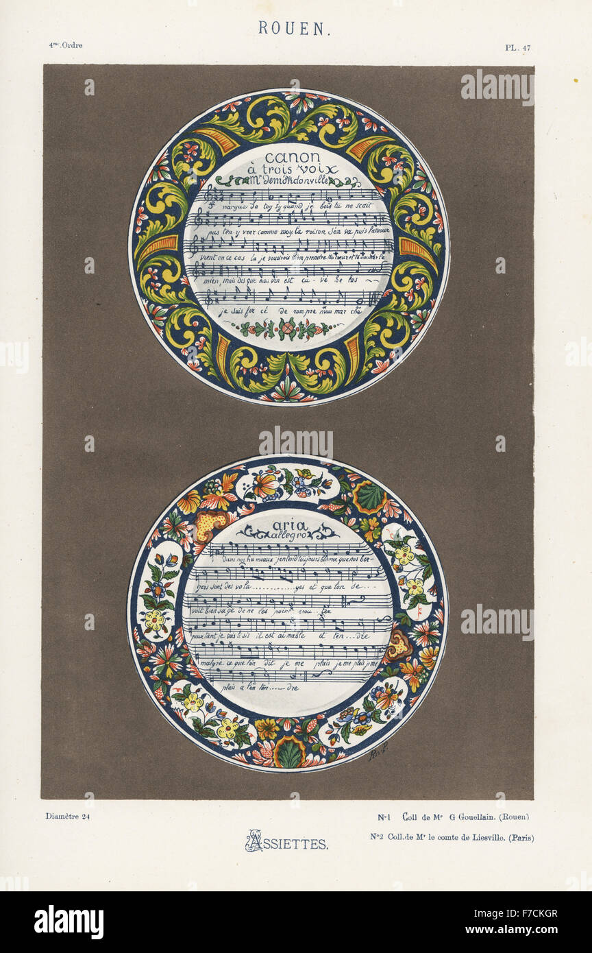 Assiettes décorées avec des partitions musicales à l'intérieur de frontières floral, Rouen, France. En haut, un canon à trois voix par le compositeur Jean-Joseph de Mondonville. Chromolithographie fini à la main par Ris Paquot de son histoire générale de l'ancienne poterie vernissée, français et étrangers, chez l'auteur, Paris, 1874. Banque D'Images