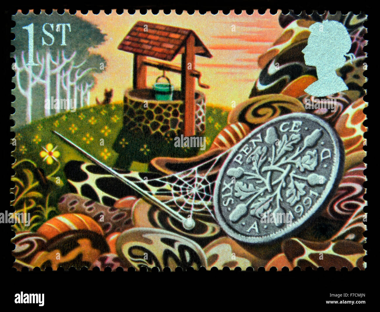 Timbre-poste. La Grande-Bretagne. La reine Elizabeth II. 1991. Greetings Stamps, 'Bonne Chance'. Puits et Sixpence. Banque D'Images