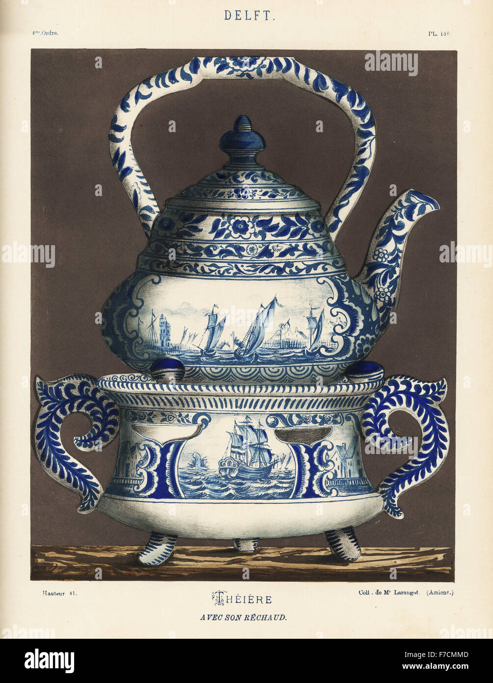 Pot de thé chaud et de Delft, Pays-Bas, 18e siècle, décorée avec des vignettes de navires en mer et floral de frontières. Fini à la main chromolithographie de Ris Paquot général de l'histoire de l'ancienne poterie vernissée, français et étrangers, chez l'auteur, Paris, 1874. Banque D'Images