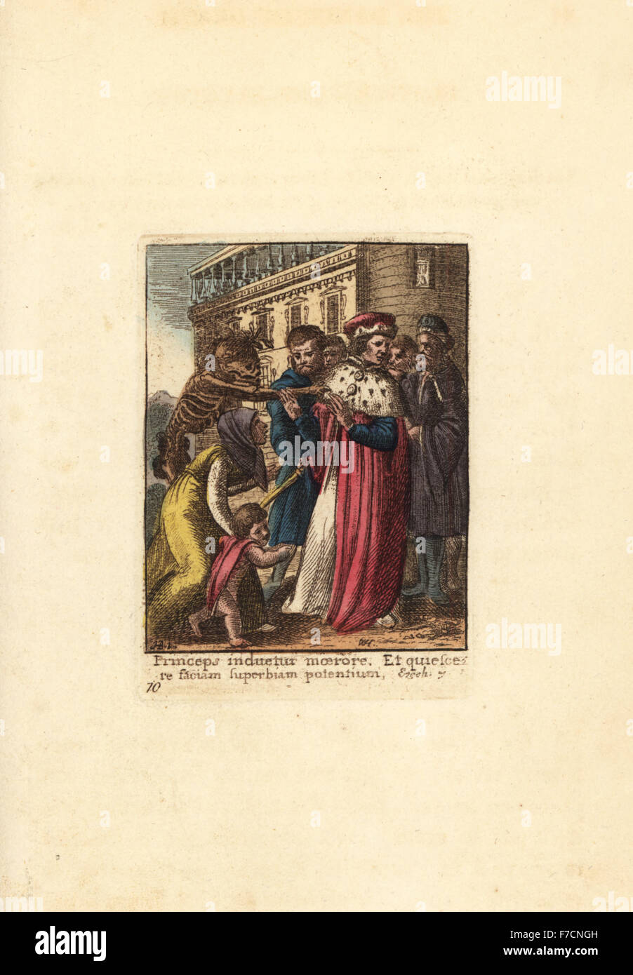 Squelette de la mort vient pour l'électeur qu'il quitte son palais avec ses courtisans et ignore une veuve et orphelin. La gravure sur cuivre coloriée par Wenceslaus Hollar à partir de la danse de la mort de Hans Holbein, Coxhead, Londres, 1816. Banque D'Images