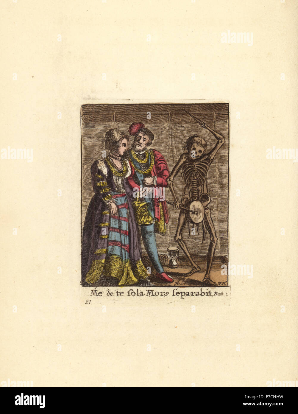Squelette de la mort de frapper un tambour pour un couple nouvellement marié. La gravure sur cuivre coloriée par Wenceslaus Hollar à partir de la danse de la mort de Hans Holbein, Coxhead, Londres, 1816. Banque D'Images