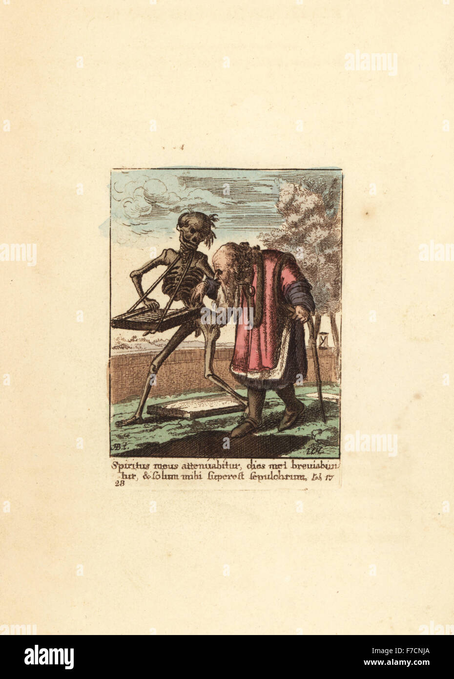 Squelette de la mort de la lecture d'un psaltérion comme il dirige un vieil homme dans sa tombe. La gravure sur cuivre coloriée par Wenceslaus Hollar à partir de la danse de la mort de Hans Holbein, Coxhead, Londres, 1816. Banque D'Images