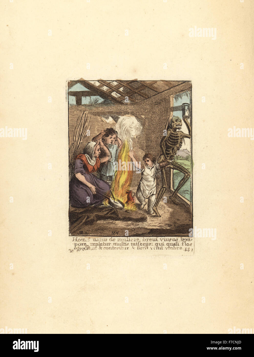 Squelette de la mort en prenant un enfant de sa mère veuve, dans une masure abandonnée. La gravure sur cuivre coloriée par Wenceslaus Hollar à partir de la danse de la mort de Hans Holbein, Coxhead, Londres, 1816. Banque D'Images