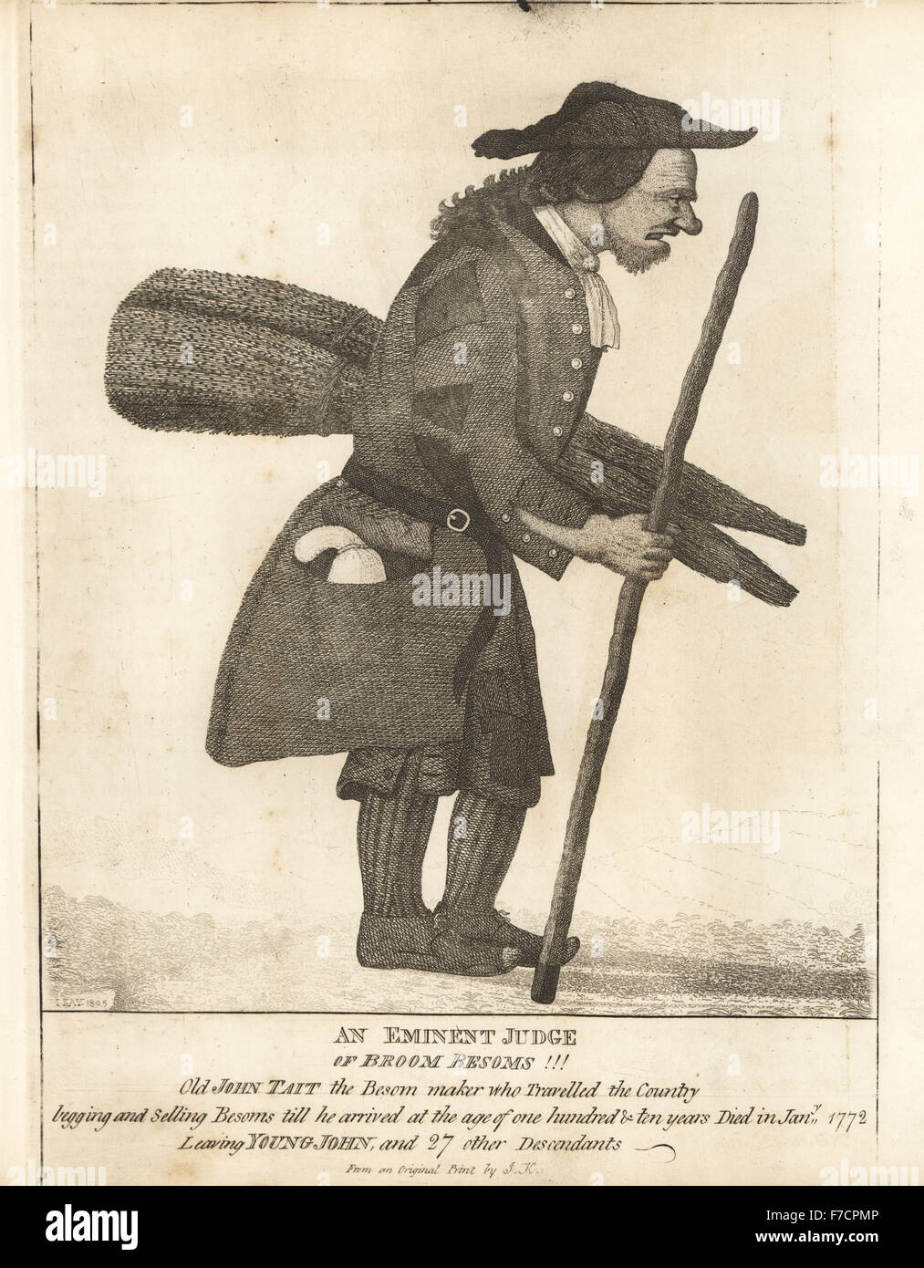 Le vieux John Tait, le balai bouilloire, vécu à l'âge de 110 et à gauche 28 descendants. La gravure sur cuivre par John Kay à partir d'une série de portraits originaux et la caricature d'eaux-fortes, Hugh Paton, Édimbourg, 1842. Banque D'Images