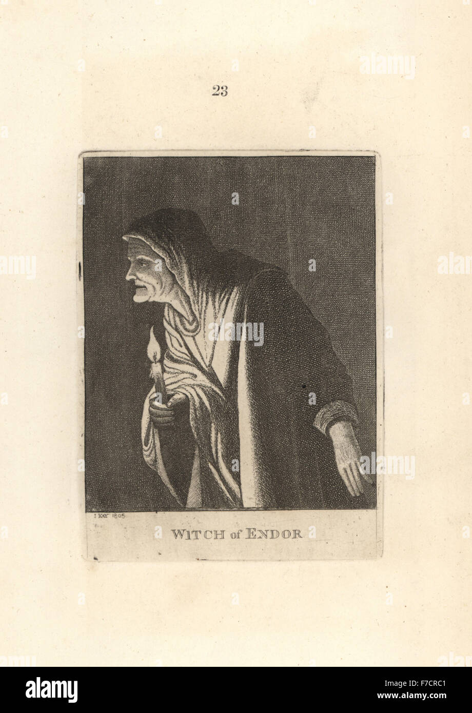Witch of Endor avec une bougie, après Henry Fuseli (mais en fait après Richard Dadd). La gravure sur cuivre par John Kay à partir d'une série de portraits originaux et la caricature d'eaux-fortes, Hugh Paton, Édimbourg, 1842. Banque D'Images